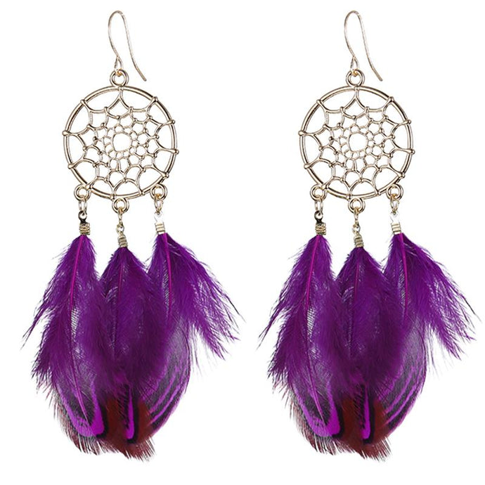 Boucles d'Oreilles Attrapes Rêve à Plumes Violette bijoux femme moderne style chic et bohème boho capteurs de rêves indien amerindien