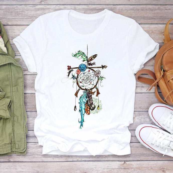 T-Shirt Attrape Rêves Femme Dessin Amérindien - Blanc