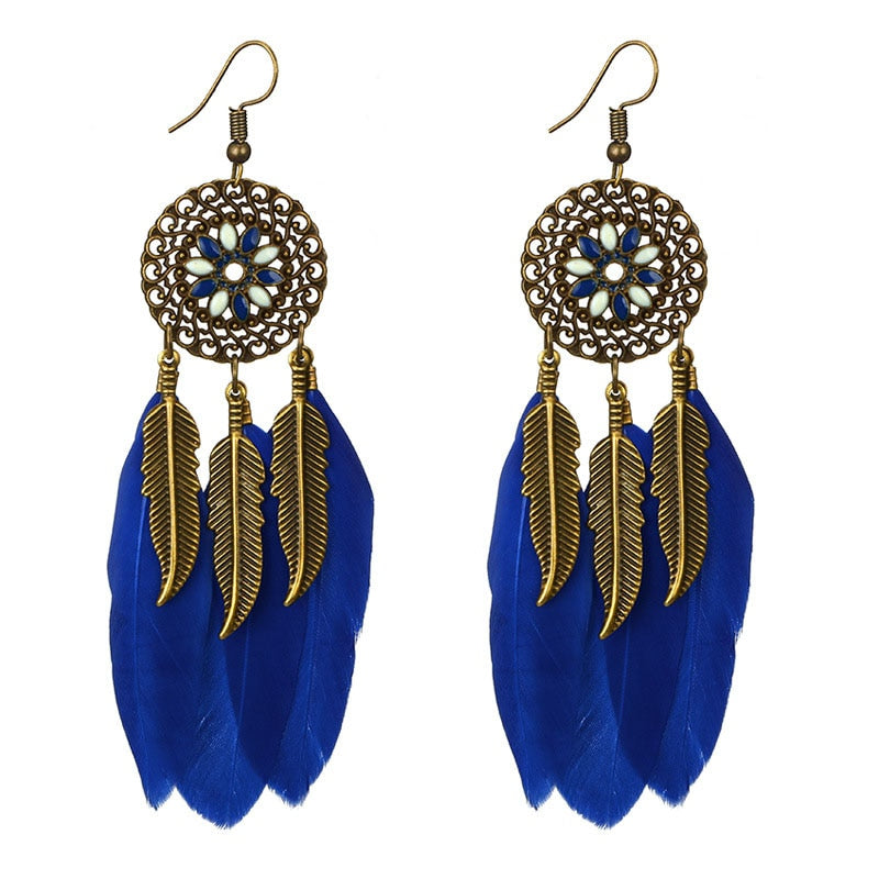 Boucles d'Oreilles Attrape Rêves Découverte Bleu bijoux femme tenue unique style chic et bohème turquoise belle or massif style indien amérindienne capteurs de rêves