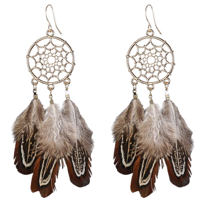 Boucles d'Oreilles Attrapes Rêve à Plumes Marron bijoux femme style chic bohème mode boho indien capteurs de rêves amerindien