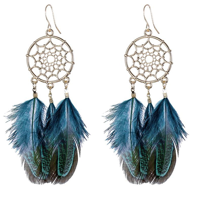 Boucles d'Oreilles Attrape Rêves à Plumes Bleu femme bijoux bohème chic mode style caprteus de rêves indien amérindien traditionnel artisanal