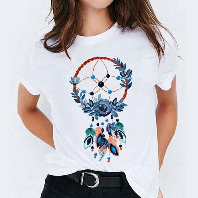 T-Shirt Attrape Rêves Femme Bleu Paon - Blanc