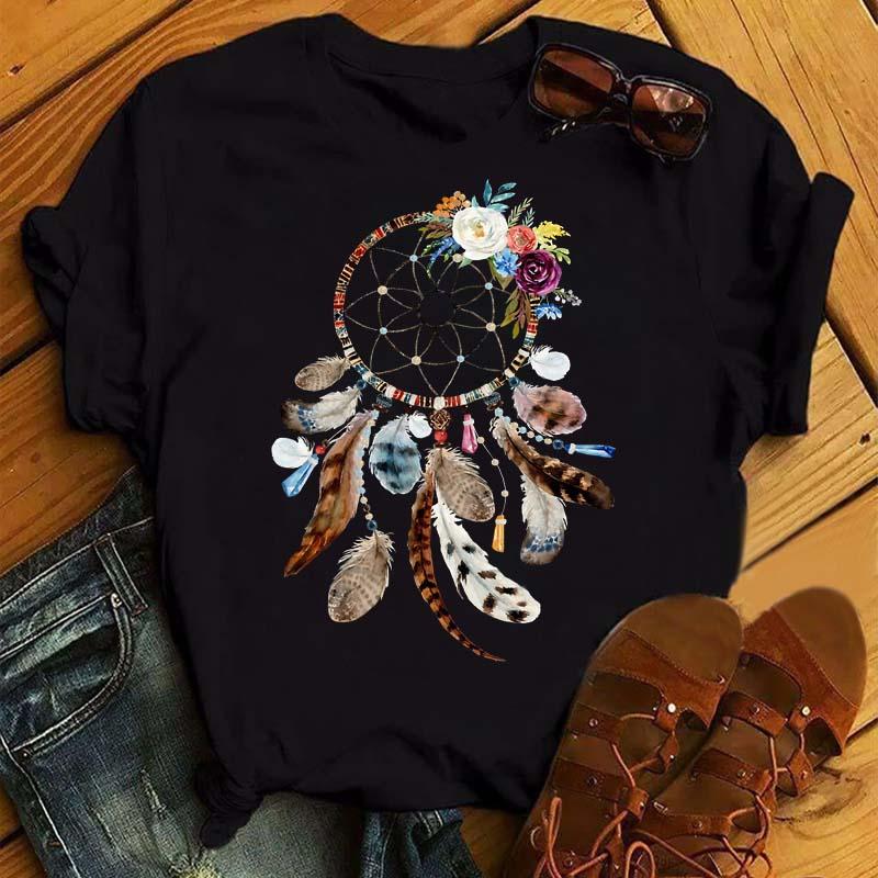 T-Shirt Attrape Rêves Femme Fleur Indienne - Bohème ✓ Noir ✓