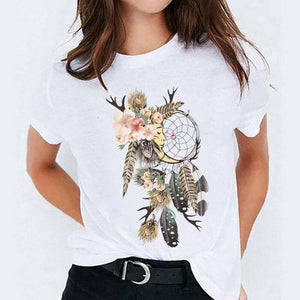 T-Shirt Attrape Rêves Femme Lune Fleurie - Blanc