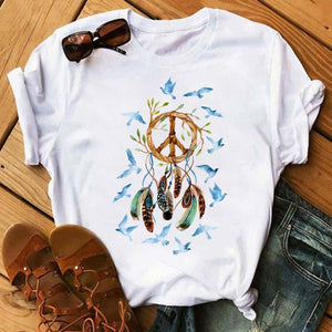 T-Shirt Attrape Rêves Femme Peace & Love - Blanc ✓ Bohème ✓ 