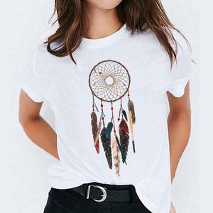 T-Shirt Attrape Rêves Femme Plumes au Vent - Blanc