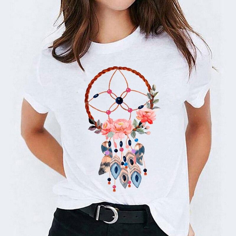 T-Shirt Attrape Rêves Femme Rose Paon - Blanc