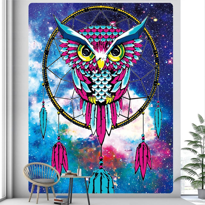 Tenture Murale Attrape Rêves Hibou Rose Fuchsia - Bleu